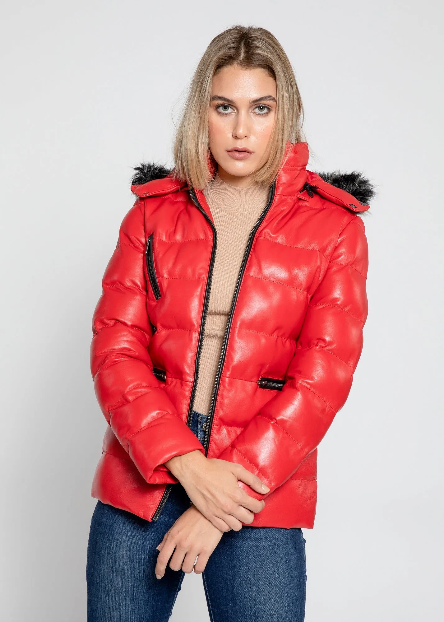 Women's Striking Puffer Down Red Leather Jacket with Fur