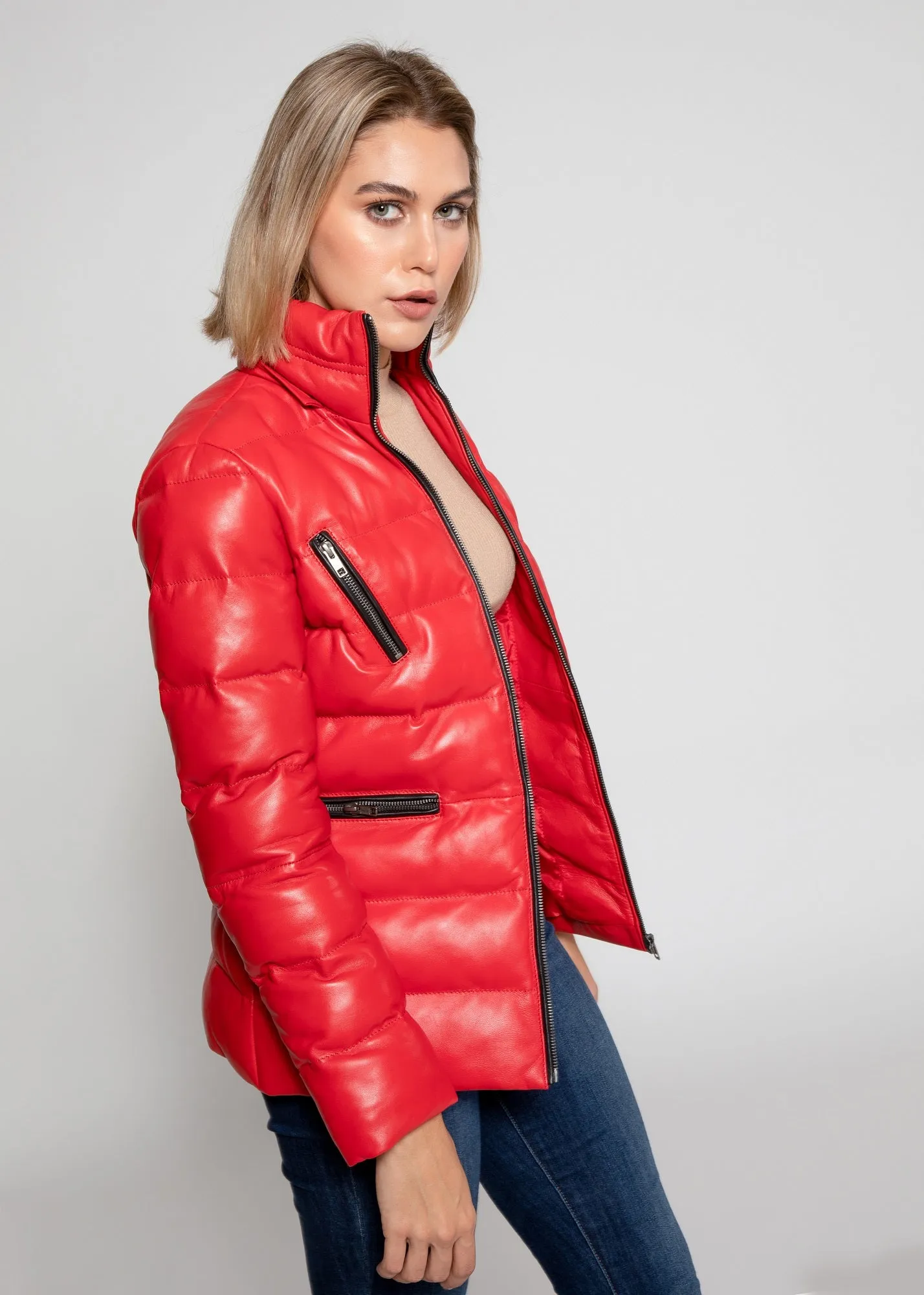 Women's Striking Puffer Down Red Leather Jacket with Fur