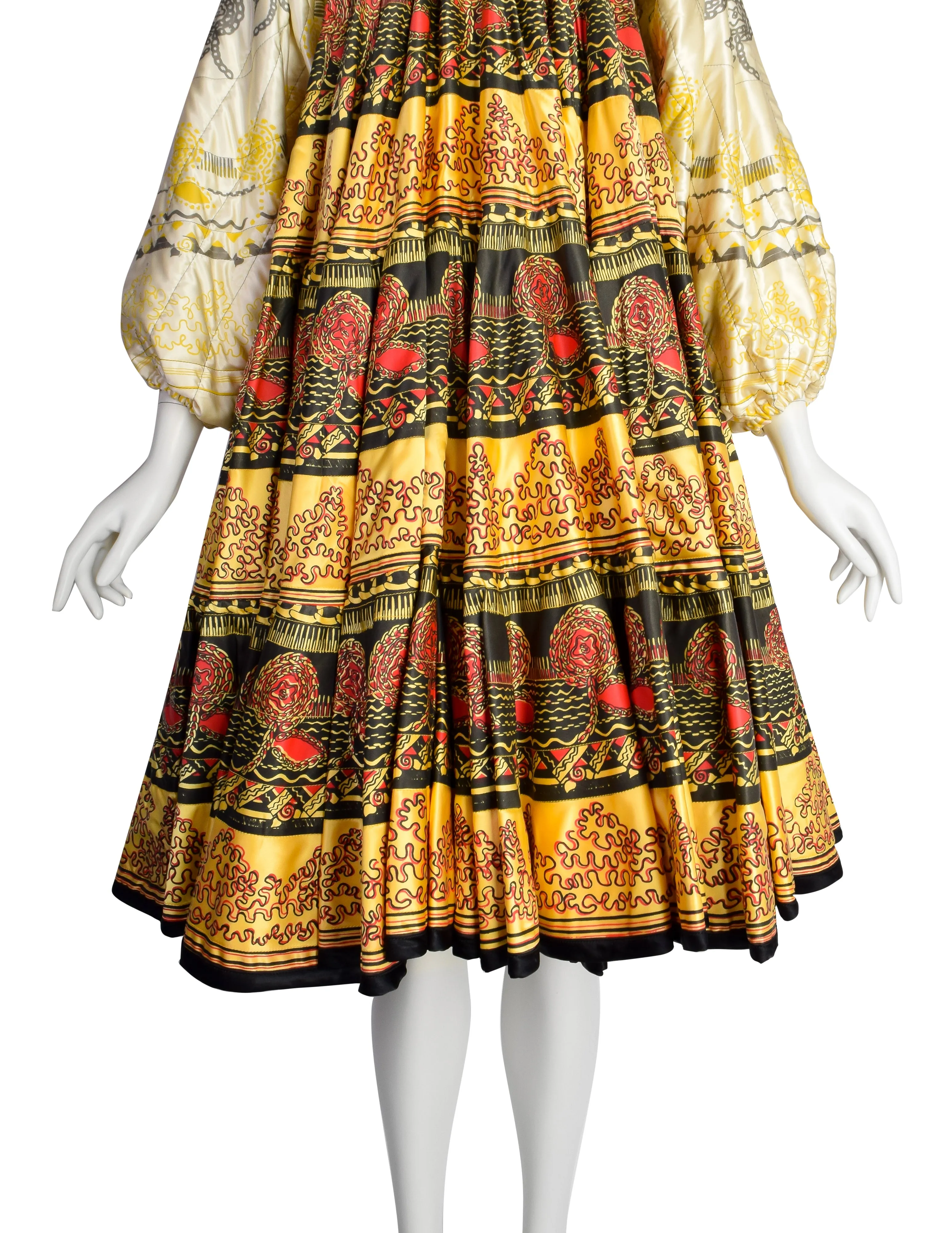 Zandra Rhodes Vintage 1969 'Knitted Circle' Collection Trompe L'oeil Quilted Satin Caftan Circle Dress (Britt Ekland Owned)