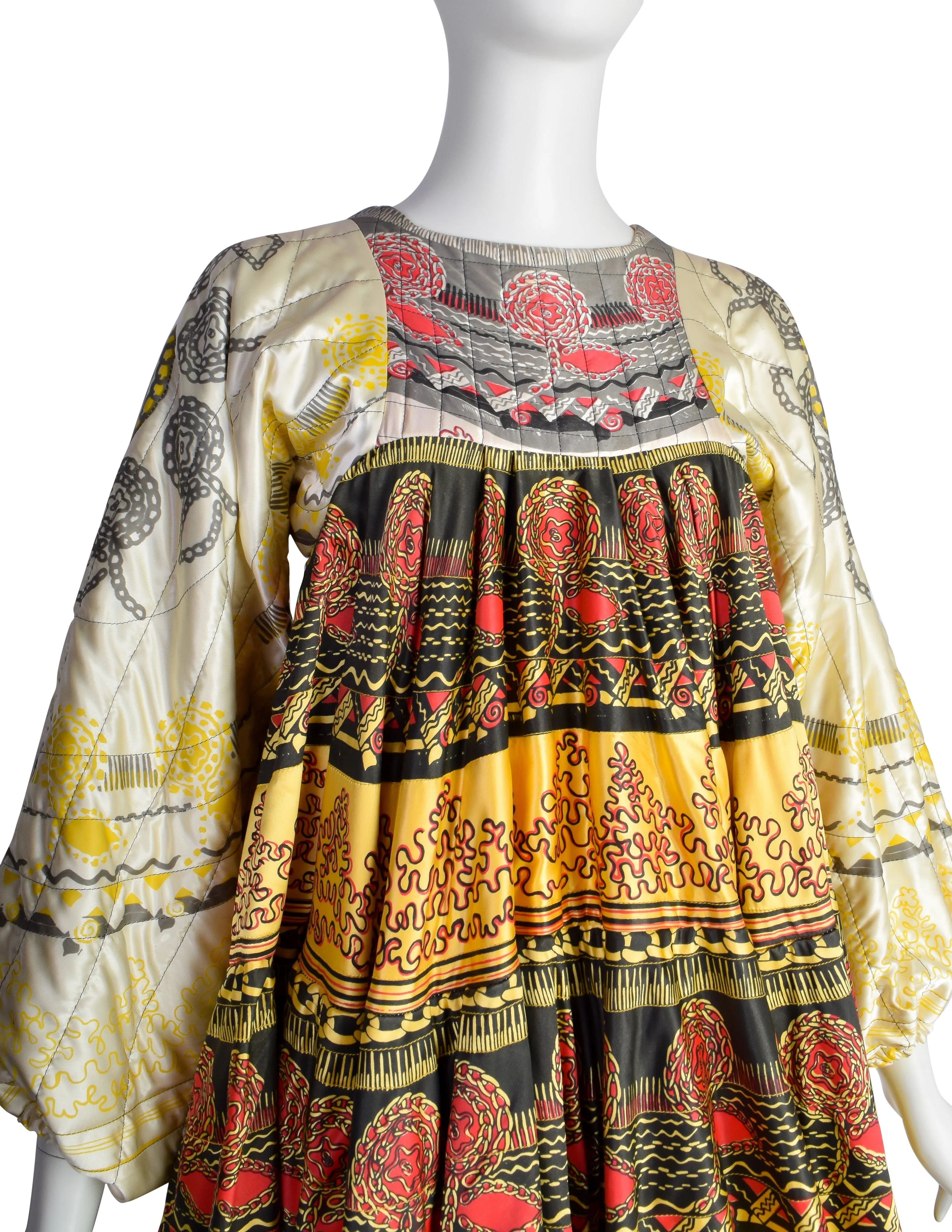 Zandra Rhodes Vintage 1969 'Knitted Circle' Collection Trompe L'oeil Quilted Satin Caftan Circle Dress (Britt Ekland Owned)